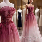 Red Gradient Semi Formal Prom Dress Vintage Strapless Red Wedding Dress Evening Dress